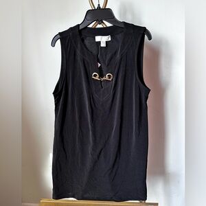 Michael Kors Women’s Black Sleeveless V-Neck Blouse with Gold Chain Accent